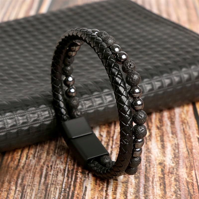Double Layer Leather Beaded Bracelet Stack | Panthera Lux