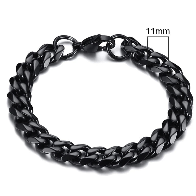Black chain bracelet with a measurement label on a white background