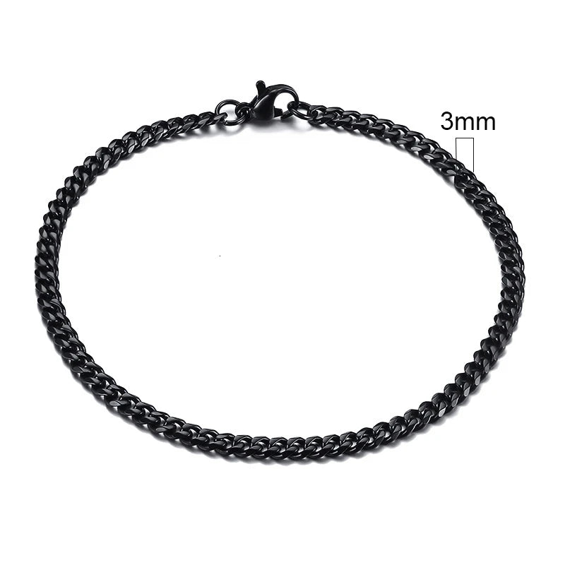 Black chain bracelet on a white background with a measurement label indicating 3mm width.