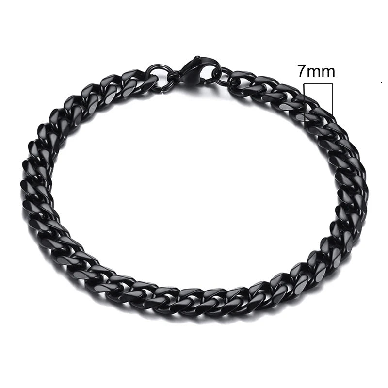 Black chain bracelet with a measurement label on a white background