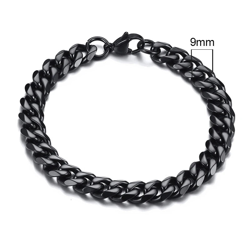 Black chain bracelet with a measurement label on a white background