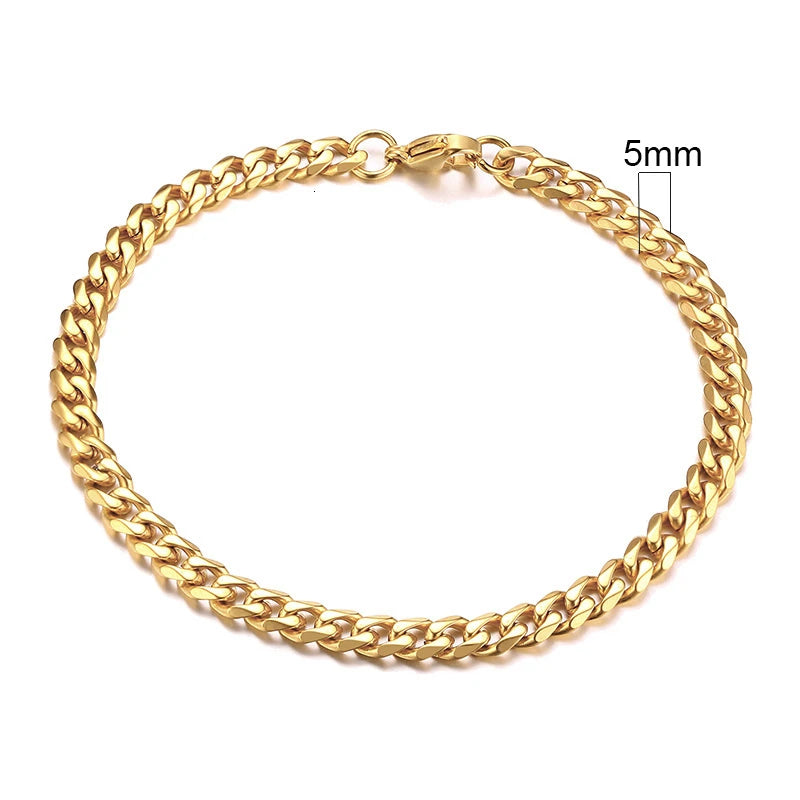 Gold chain bracelet with a measurement label on a white background