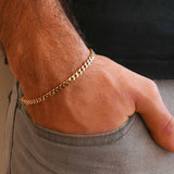 Gold chain bracelet on a person's wrist with a neutral background
