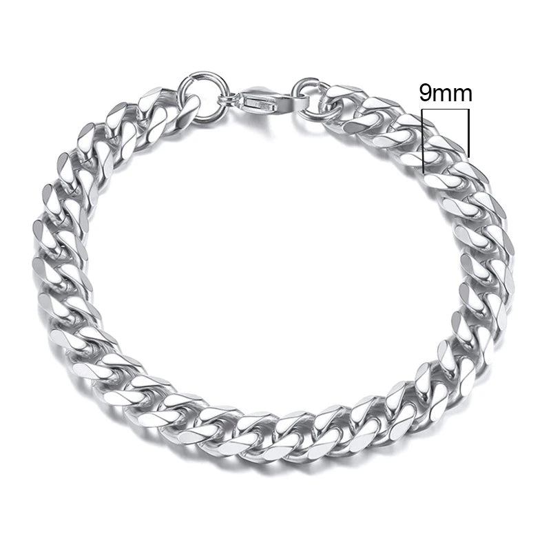 Silver chain bracelet with a measurement label on a white background