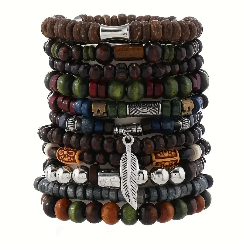 Terra Wood Bracelet Stack – 10-Piece Men's Bracelet Set