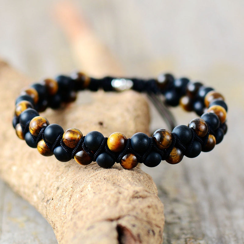 Double Stack Paracord Braided Bead Bracelet Matte Onyx Tiger Eye