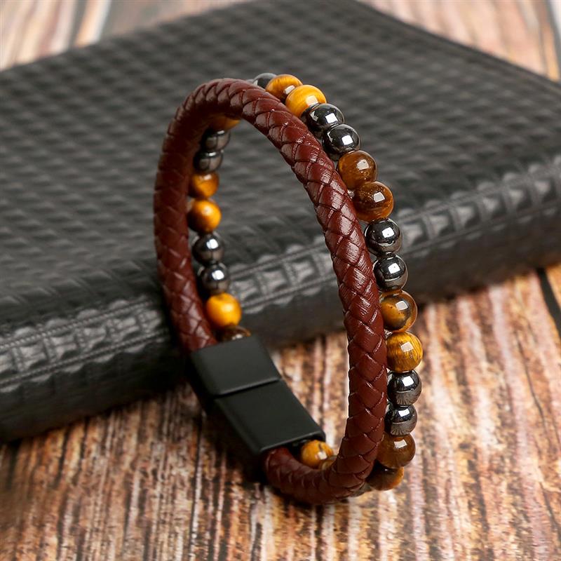 Double Layer Leather Beaded Bracelet Stack