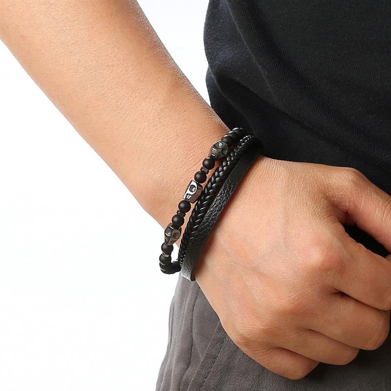 Mens Black Leather Bracelet - Silver - Large (22cm)