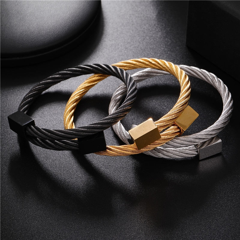 Men's Stainless Steel Black Cable 10k Gold Screws Bracelet